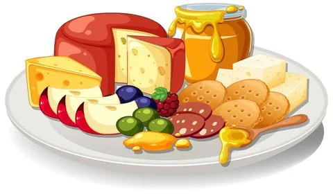 Cheese Platter with Fruit, Crackers, and Honey Jar Stockillustratie