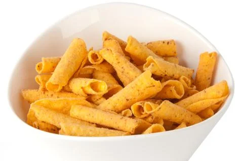 Cheese potato chips in a white bowl Stock Photos