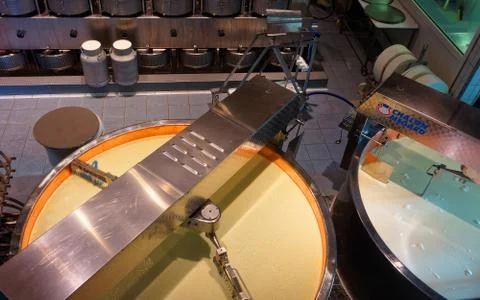 Cheese processing area at the Gruyere cheese dairy Stock Photos