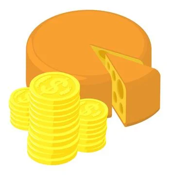 Cheese production icon isometric vector. Golden coin stack near big cheese head Stock Illustration