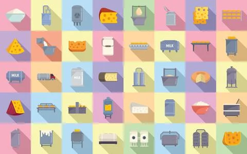 Cheese production icons set flat vector. Milk food Stock Illustration