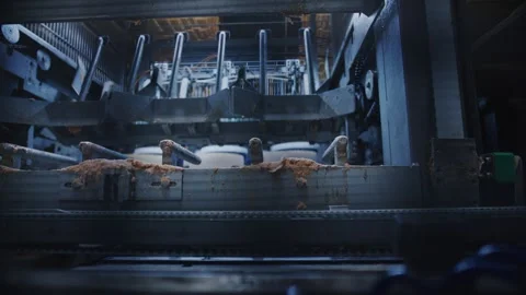 Cheese production line, wheels moving and brushing process Stock Footage 313550166