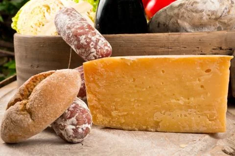 Cheese with salami and bread Stock Photos
