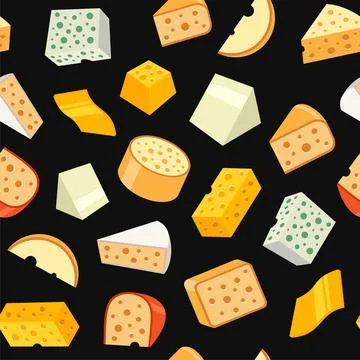 Cheese Seamless Pattern on Black Background. Vector Stock Illustration