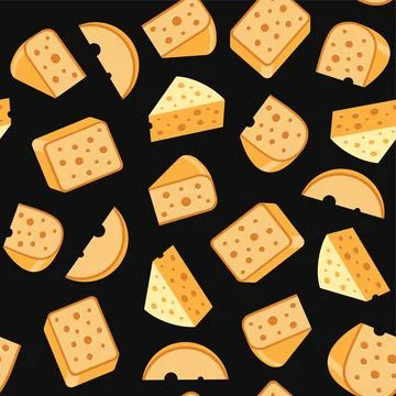 Cheese Seamless Pattern on Black Background. Vector Stock-Illustration