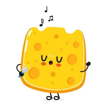 Cheese sings into a microphone character. Vector hand drawn cartoon kawaii .. Stock Illustration