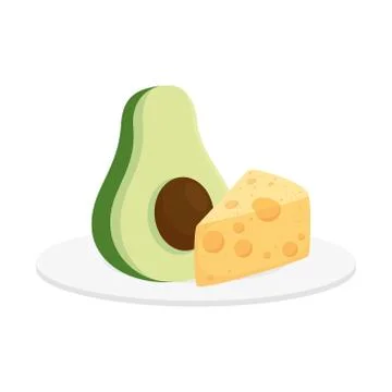 Cheese slice with fresh avocado, on white background Stock Illustration