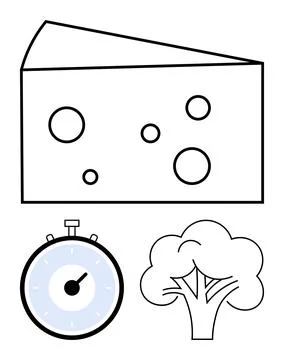 Cheese slice with stopwatch and tree emphasize culinary, efficiency, and na.. Stock Illustration