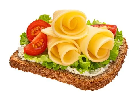 Cheese slices on rye bread isolated on white background Stock Photos