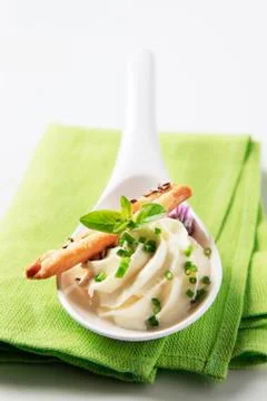 Cheese spread and crispy bread stick - closeup Stock Photos