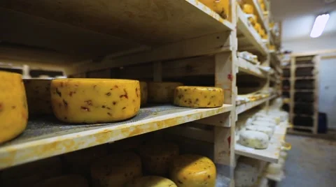 Cheese storage in the warehouse Stock Footage 68940087