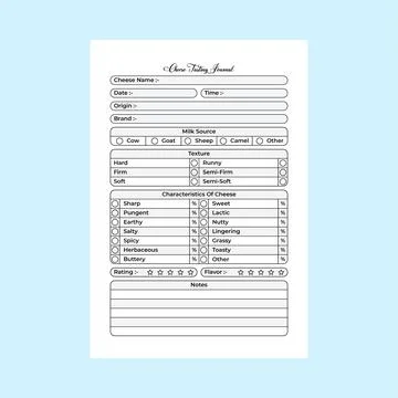 Cheese-tasting KDP interior notebook. Cheese texture and taste checker inte.. Illustrazione stock