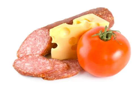 Cheese, tomato and sausage Stock Photos