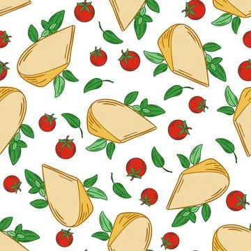 Cheese triangles, tomatoes and basil seamless pattern Stock Illustration