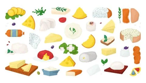 Cheese types vector illustrations set isolated on wite. Slices of parmesan Stock Illustration