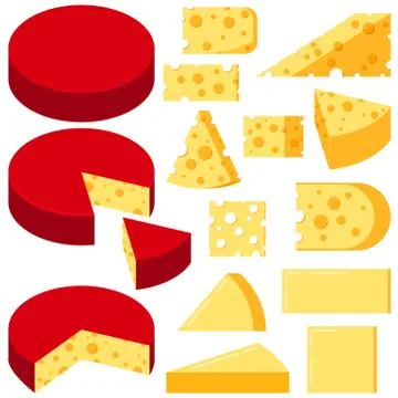 Cheese various shapes slices vector set isolated on white background. Stock Illustration