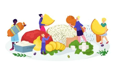 Cheese vector illustration. Tiny people holding parmesan, swiss cheese, fresh 스톡 일러스트
