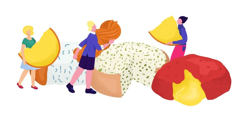 Cheese vector illustration. Tiny people holding parmesan, swiss cheese, fresh Stock Illustration