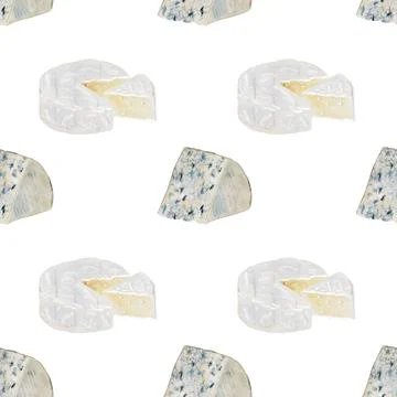 Cheese watercolor pattern. Hand drawn illustration brie, camembert, dor blue Stock Illustration