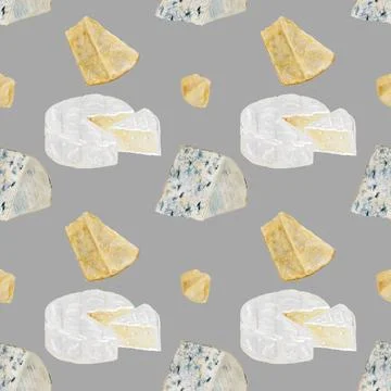 Cheese watercolor pattern. Hand drawn illustration brie, dor blue, parmesan Illustrazione stock