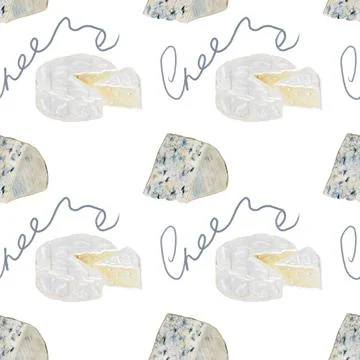 Cheese watercolor pattern. Hand drawn illustration brie, camembert, dor blue Stock Illustration