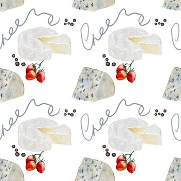 Cheese watercolor pattern. Hand drawn illustration brie, dor blue. Clip art of Stock Illustration