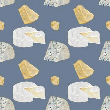 Cheese watercolor pattern. Hand drawn illustration brie, dor blue, parmesan Stock Illustration