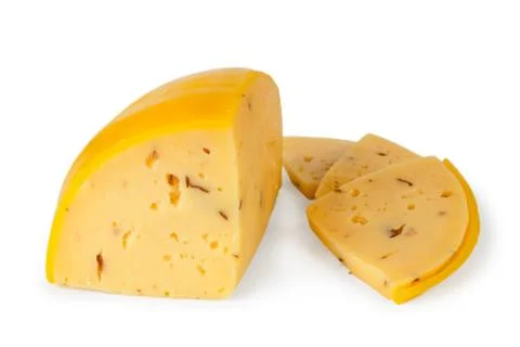 Cheese in wax shell cut into pieces on a white, isolated. Stock Photos