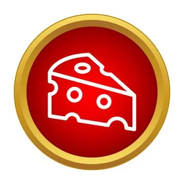 Cheese wedge icon in red button with gold border Stock Illustration
