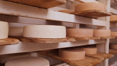 Cheese wheels maturing on shelves Stock Footage 154083234