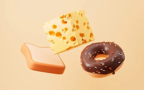 Cheese,bread and doughnut on the yellow background, 3d rendering. 库存插图