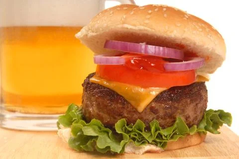 Cheeseburger and a beer Stock Photos