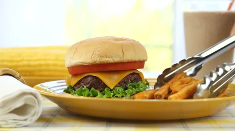 Cheeseburger And Fries Stock Footage 43354040