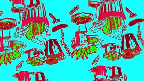 Cheeseburger and soda retro graphics — Rotation motion Stock Footage 307948886