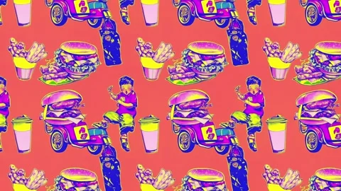 Cheeseburger and soda retro graphics — Horizontal motion Stock Footage 307954201