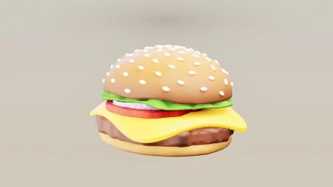 Cheeseburger on beige background with sesame bun and cheese. 3d rendering Video stock 341550083