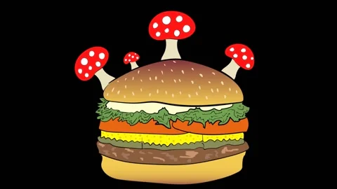 Cheeseburger on black and fly agaric Stock Footage 98299754