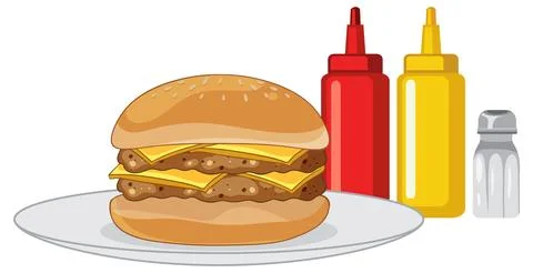 Cheeseburger with Condiments Vector Illustration Stock Illustration