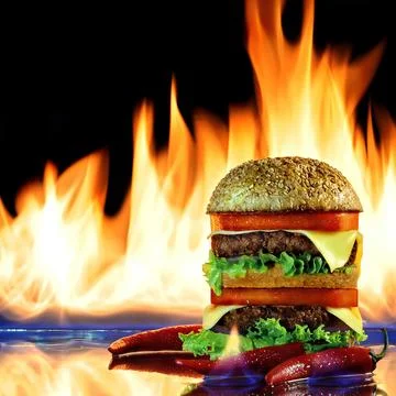 Cheeseburger with flames Stock Photos