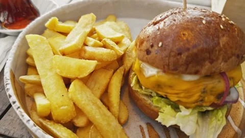 Cheeseburger with fries on a plate Stock Footage 304685974
