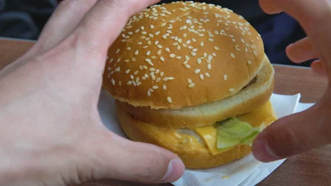 Cheeseburger in the hands. Video stock 91359155