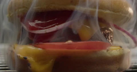 Cheeseburger with melted cheese, tomato and onion slice Stock Footage 310957280