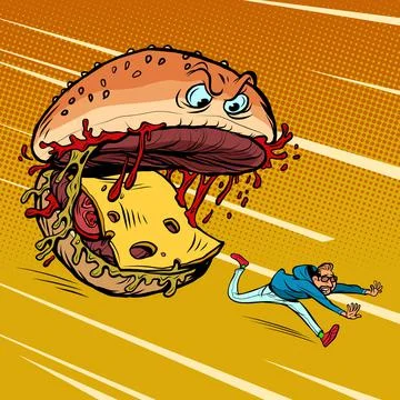 Cheeseburger monster character eats a human. Dangerous fast food. Food Attack Stock Illustration