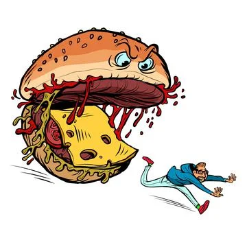 Cheeseburger monster character eats a human. Dangerous fast food. Food Attack Stock Illustration