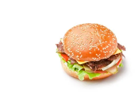 Cheeseburger or hamberger isolated on white background. Fast food. Stock Photos