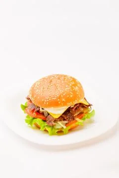 Cheeseburger or hamberger  On White Plate Background Stock Photos