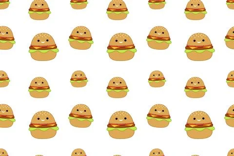 Cheeseburger on seamless pattern. Squishmallow. Funny cheeseburger. Kawaii Stock Illustration