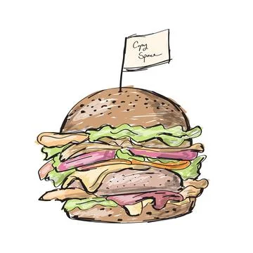 Cheeseburger with small copy space sign on top illustration vector sketch 스톡 일러스트