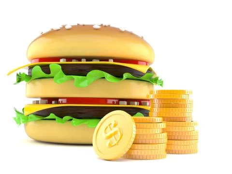 Cheeseburger with stack of coins Illustrazione stock