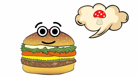 Cheeseburger thinks of fly agarics Stock Footage 99735176